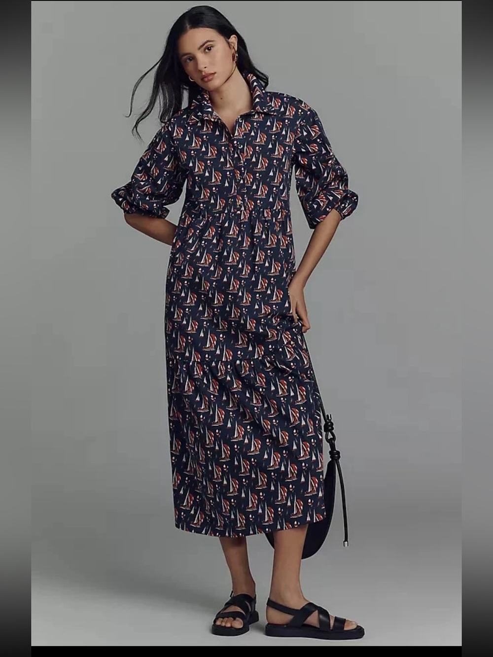 Anthropologie The Bettina Tiered Shirt  Dress by Maeve Sail Boat Navy Red Large